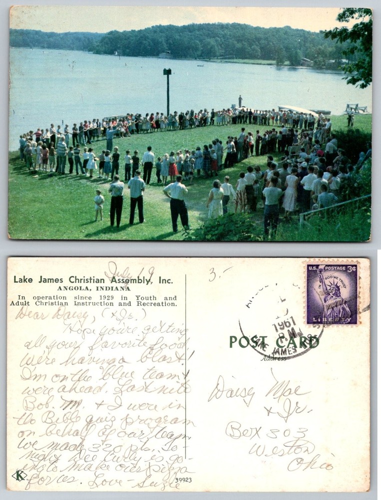 1961 Lake James Christian Assembly Angola Indiana Postcard People Lake View