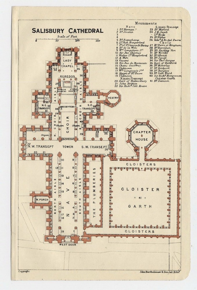 1924 Original Vintage Plan Of Salisbury Cathedral / England
