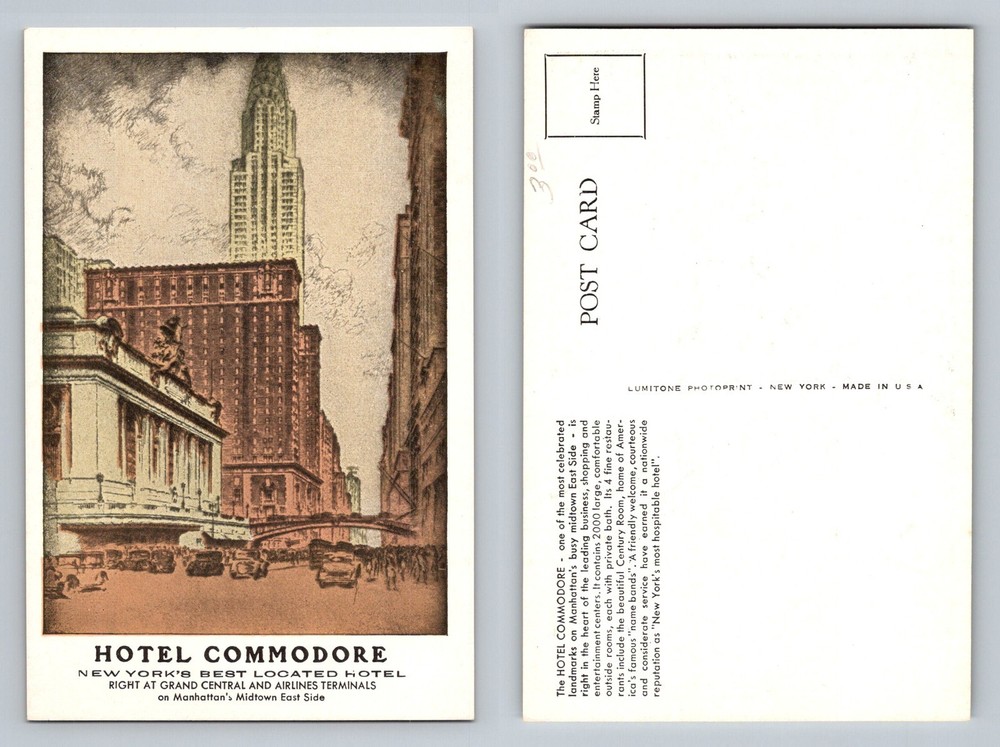 New York City NY, Hotel Commodore Grand Central Terminal Vintage Postcard