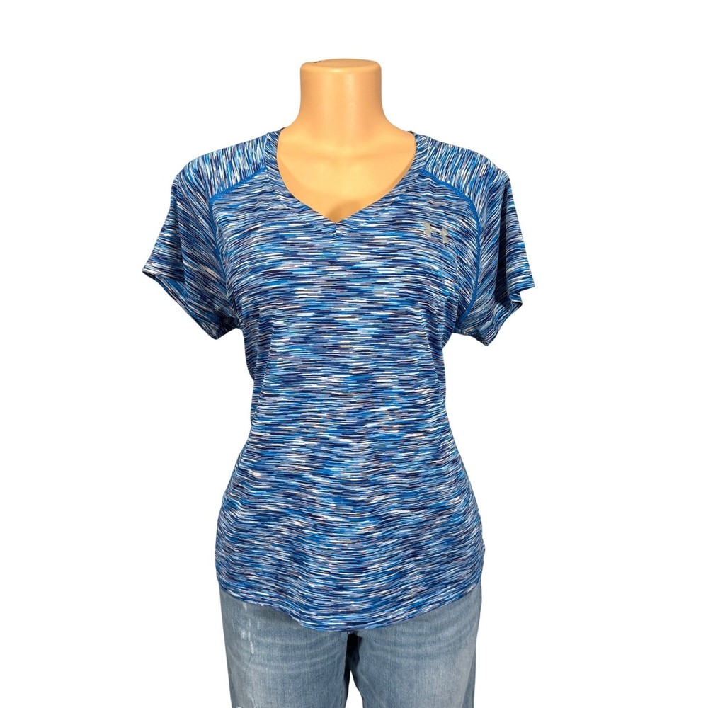 Under Armour HeatGear Womens XL Blue Space Dye V-Neck Short Sleeve Athletic Top