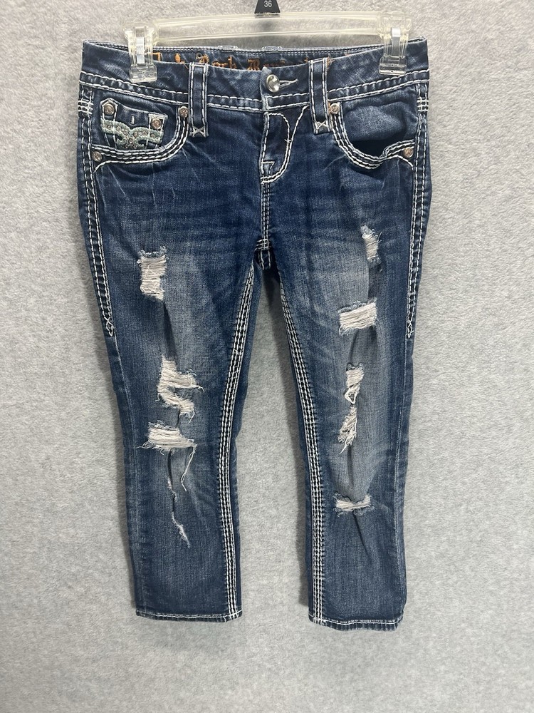 Rock Revival Nancy Distressed  Thick Stitch Embellished Sz 25 Crop Jeans