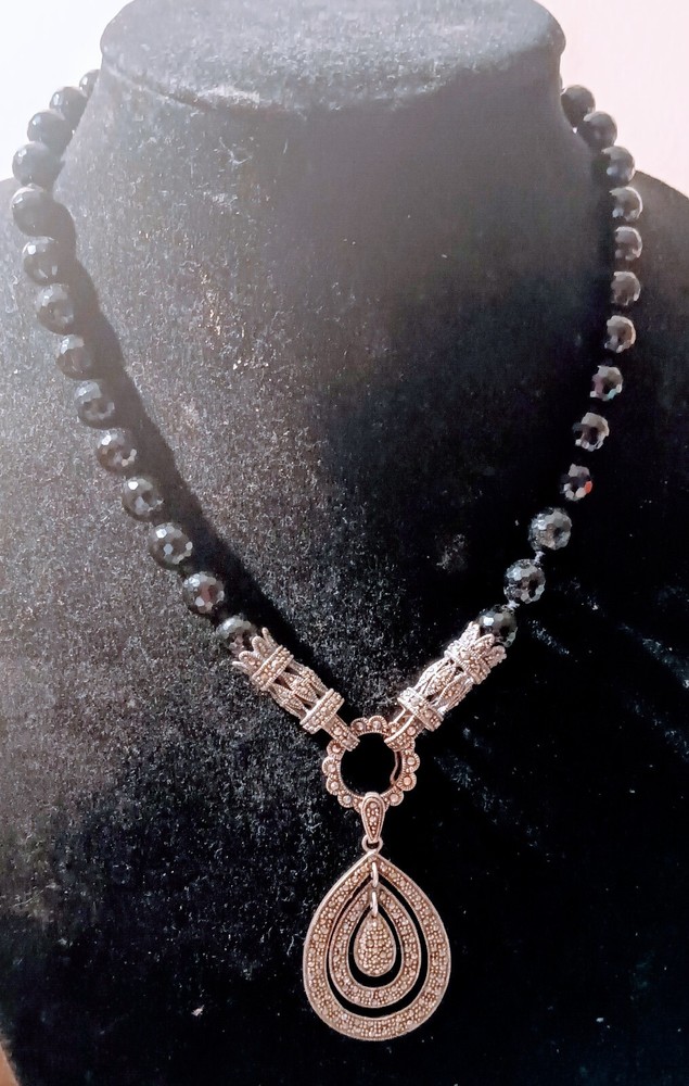 Sterling Silver Marcasite Black Obsidian With 2 Inch Charm Gemstone Necklace.