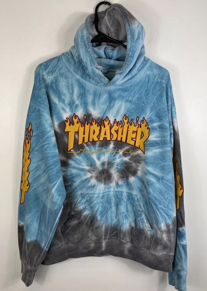 Vtg Y2K Thrasher Magazine Hoodie Sweatshirt Size Lrg Faded Tie Dye