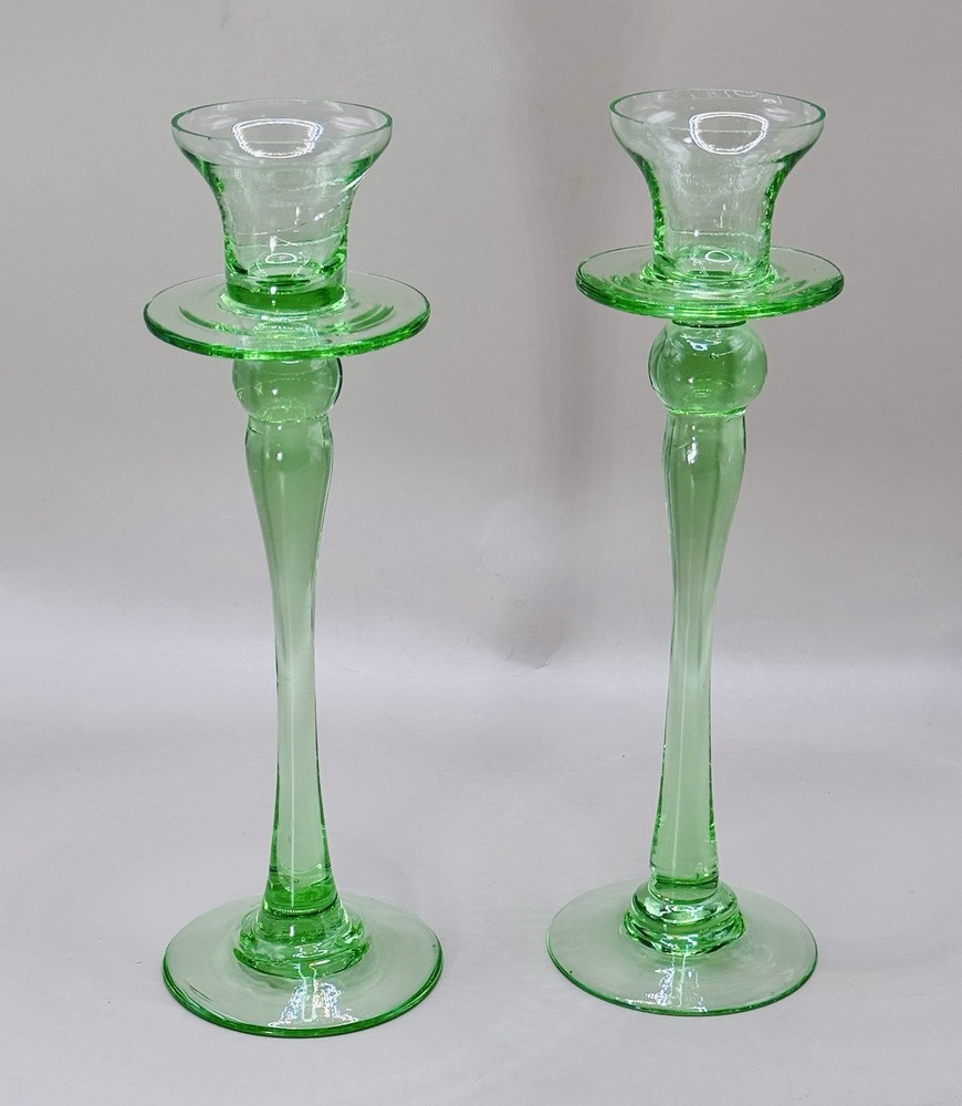 Vintage Pair Of Green Glass Candlestick Holders 9