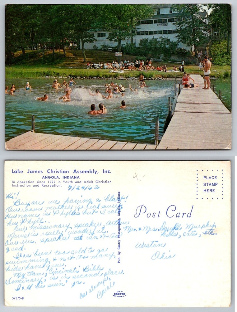 1962 Lake James Christian Assembly Angola IN Swimming Vintage Postcard