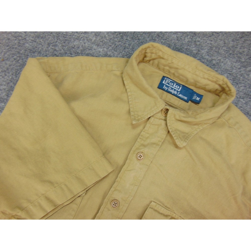 Polo Ralph Lauren Shirt Mens Med Corduroy Tan Solid Short Sleeve Utility Pocket