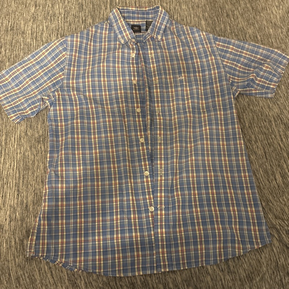 Dockers Blue Peach Plaid Button Down Shirt Short Sleeve Size Medium