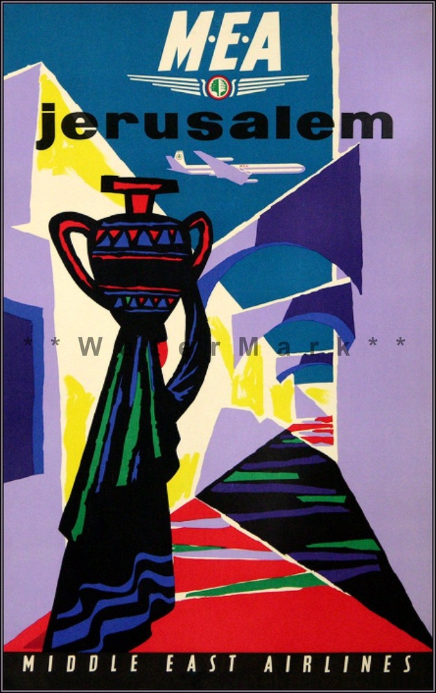 1965 Jerusalem Vintage MEA Airlines Travel Poster Middle East Tourism
