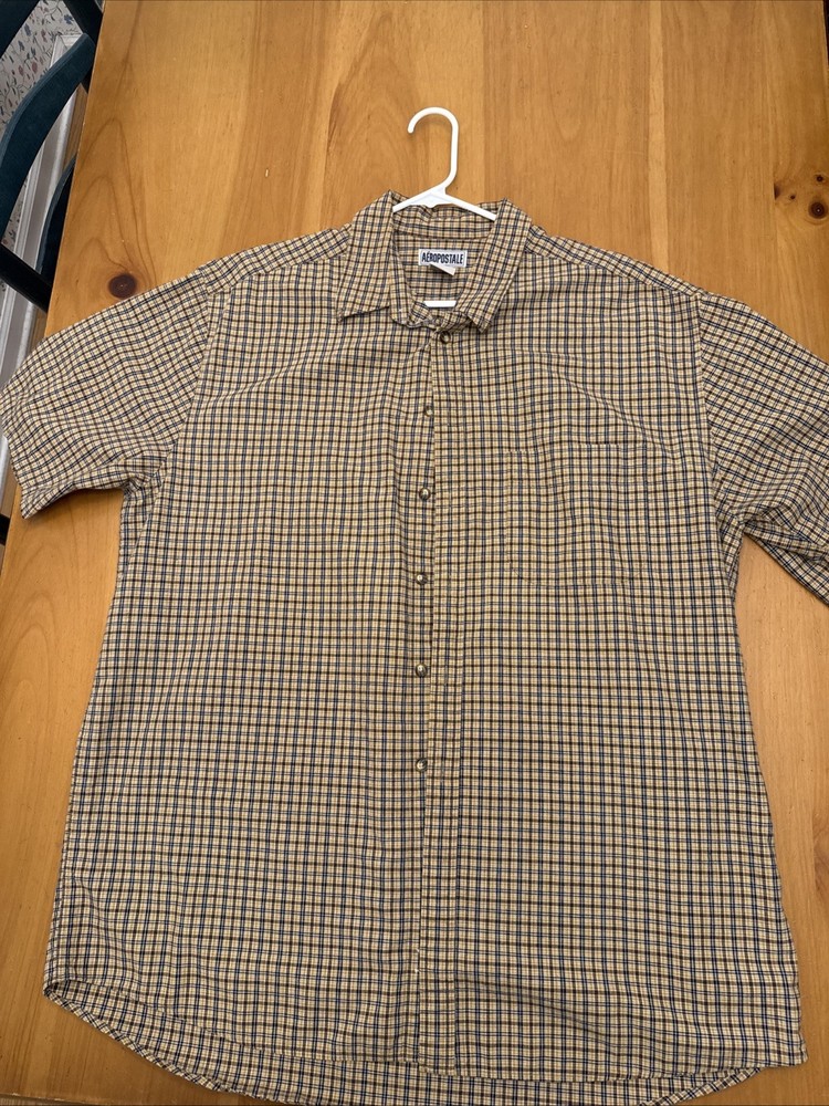 Vintage 90s Aeropostale Mens XL Short Sleeve Button Down Plaid Yellow Blue Shirt