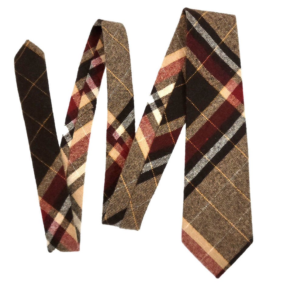 Vintage Sears Traditional Collection Plaid Wool Tie Brown Red Woven Retro