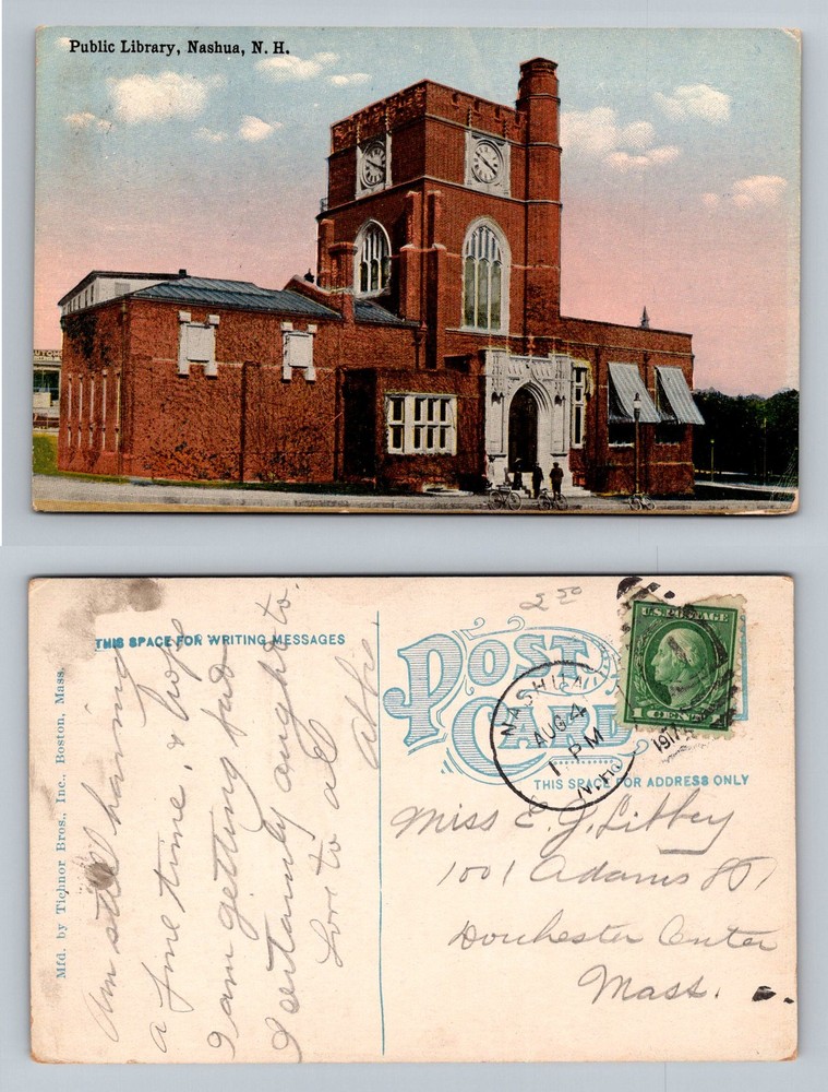 Nashua, NH-New Hampshire, Public Library With Clock Tower Vintage c1917 Postcard