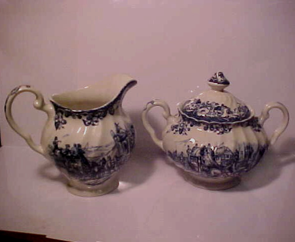 Vintage Johnson Brothers England Blue Coaching Scenes Creamer & Sugar Bowl Set