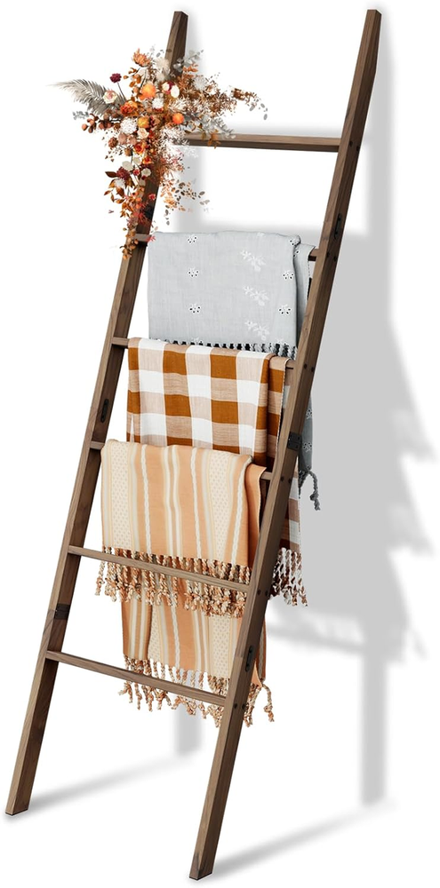 Acacia Wood Blanket Ladder, Rustic Towel Quilt Throw Clothes Blanket Ladders for-image