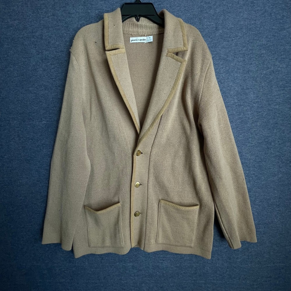 Vintage Pierre Cardin Men's Medium Knit Cardigan Tan Pockets Button Down