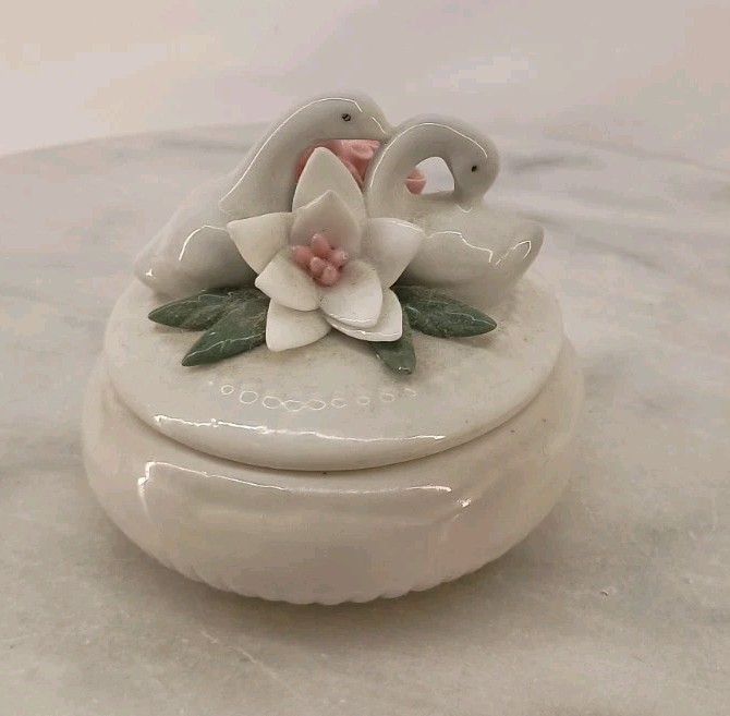 Round Porcelain Trinket Box w/ Swans & Flowers on Lid