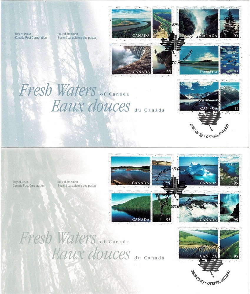 CANADA 2000 RIVERS AND LAKES 10 x SELF ADHESIVES 2 x OFFICIAL FIRST DAY COVERS