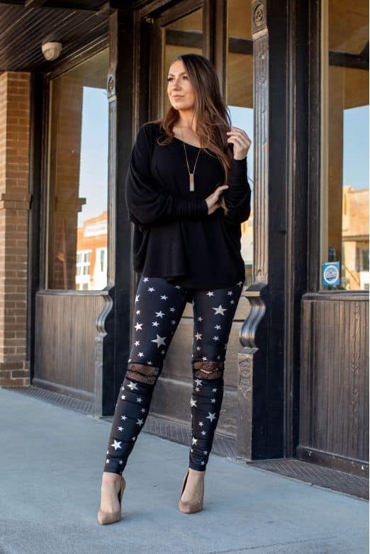 L & B Leggings Pants 2X Black With Silver Stars