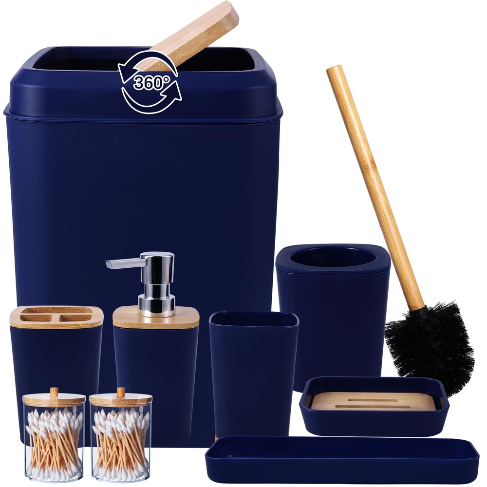 9-Piece Navy Blue Bathroom Accessories Set Includes Trash Can