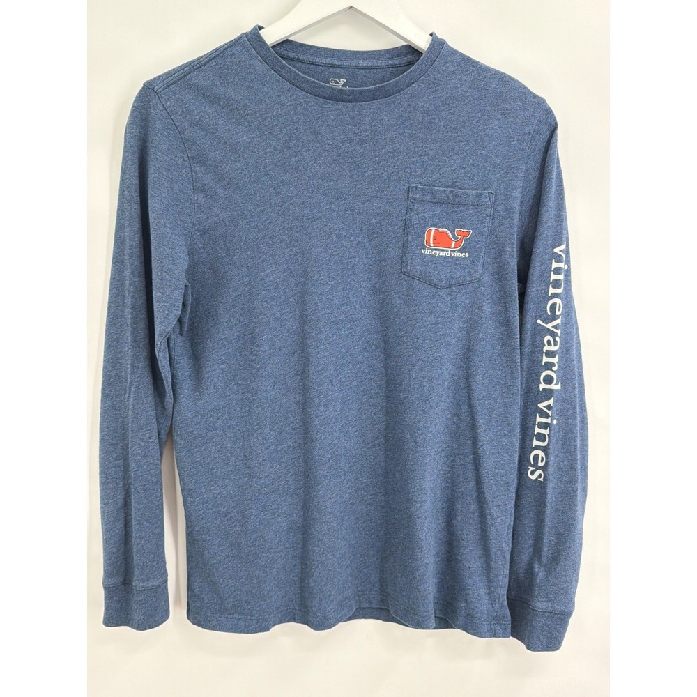 Vineyard Vines Boys Blue Football Whale Long Sleeve Pocket T-Shirt Size L 16