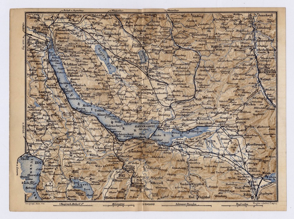 1879 Antique Map Of Lake Zürich / Zürichsee / Zurich / Switzerland