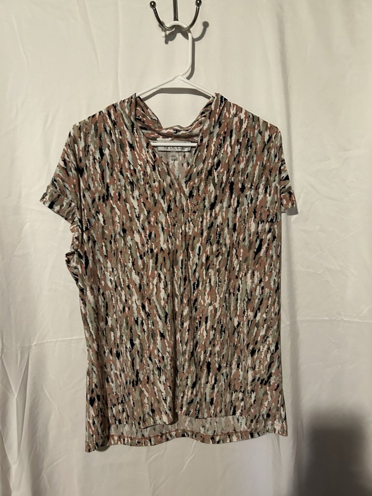 Womens XL Multicolor Abstract V-Neck Short Sleeve Knit Pullover Top Regular