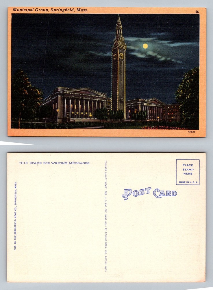 Spfld, MA-Massachusetts Municipal Group Clock Tower At Night Vintage Postcard