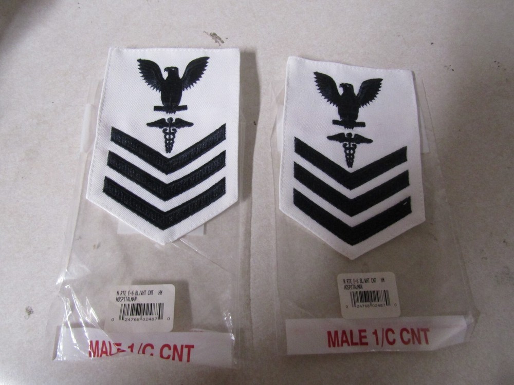 MILITARY PATCH RANK SET OF 2 US NAVY E-6 HOSPITALMAN MALE BLACK AND WHITE SEW ON