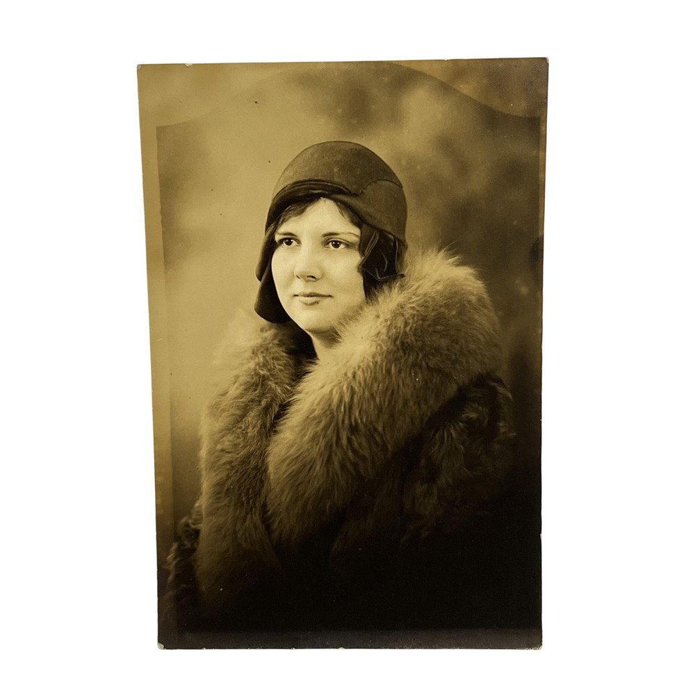 Vintage 1920s Woman Studio Portrait Photograph Fur Coat Sepia Gelatin Silver 5x7