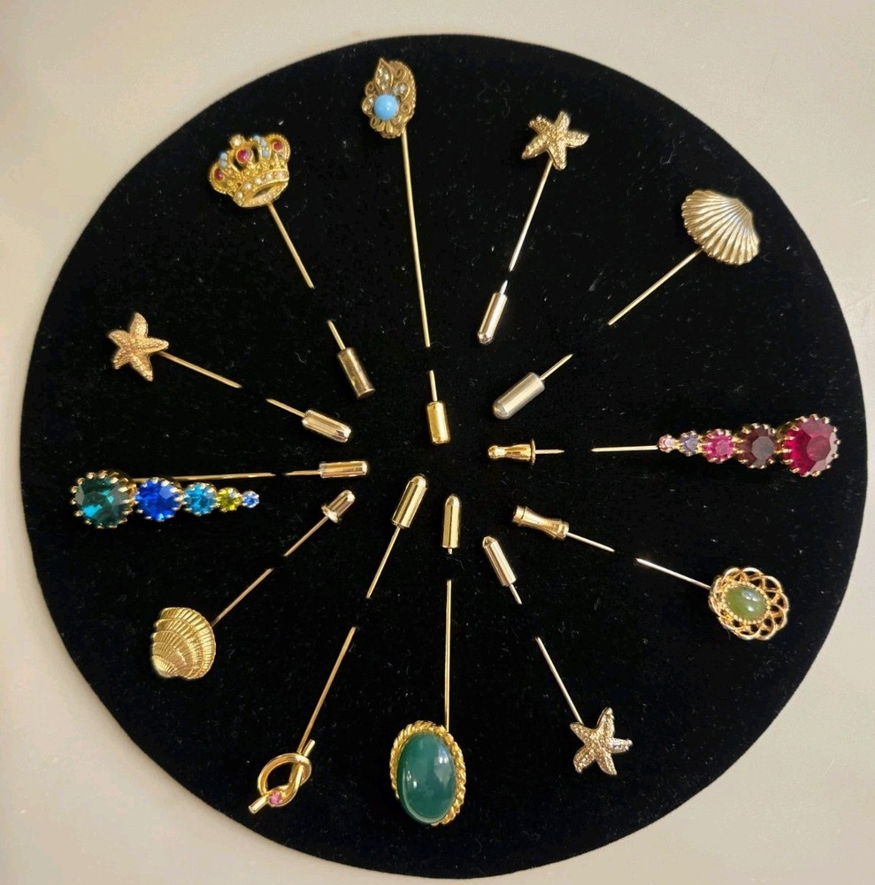 Vintage Gold Tone Themed Stick Pin Lot 12 Pc Rhinestone Shell Starfish
