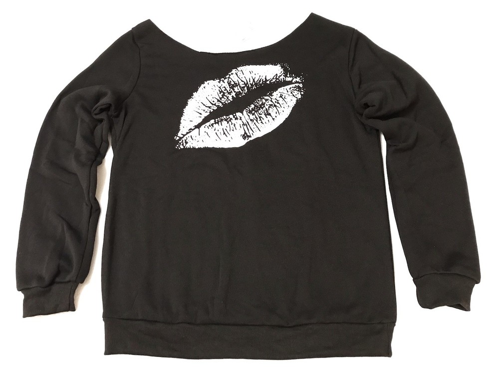 Elfin Grunge Punk Goth Lips Sweatshirt Women Large Black Fleece Off Shoulder
