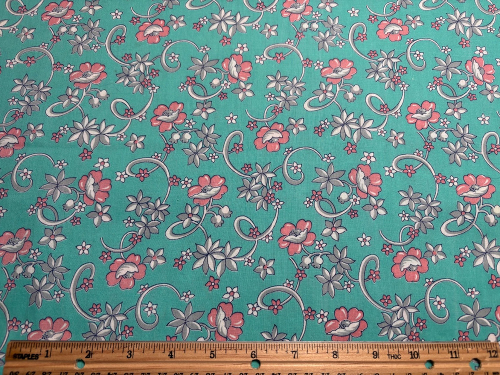 Antique Vintage Cotton Fabric 1930s 40s Pink on Turquoise Ribbons 35w 2/3yd