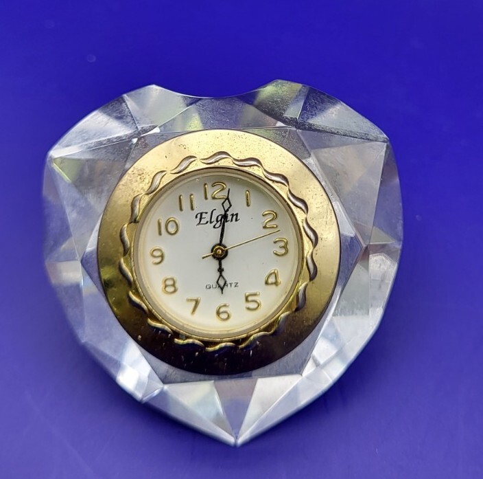 Vintage Elgin Mini Clock Diamond Heart Japan Quartz Movement Desk New Battery