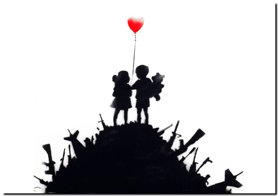 BANKSY STREET ART *FRAMED* CANVAS PRINT Kids on Gun Pile with balloon 24x16