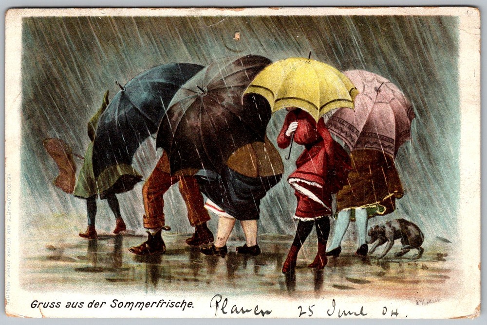 Antique Postcard Sommerfrische Umbrella Rain Scene DE 1900s