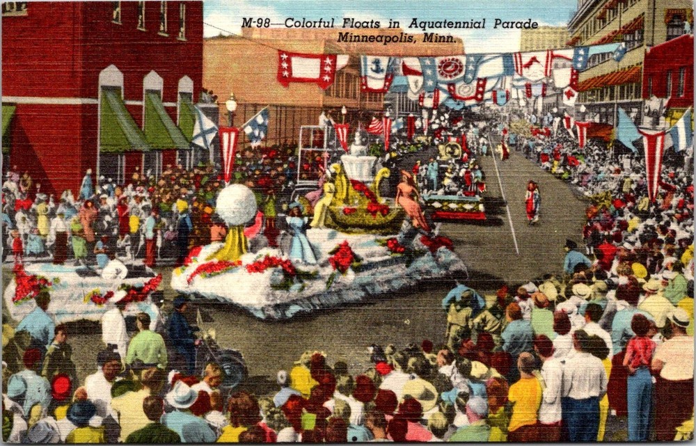 Dr Jim Stamps Postcard Minneapolis Minnesota Aquatennial Parade Floats Linen