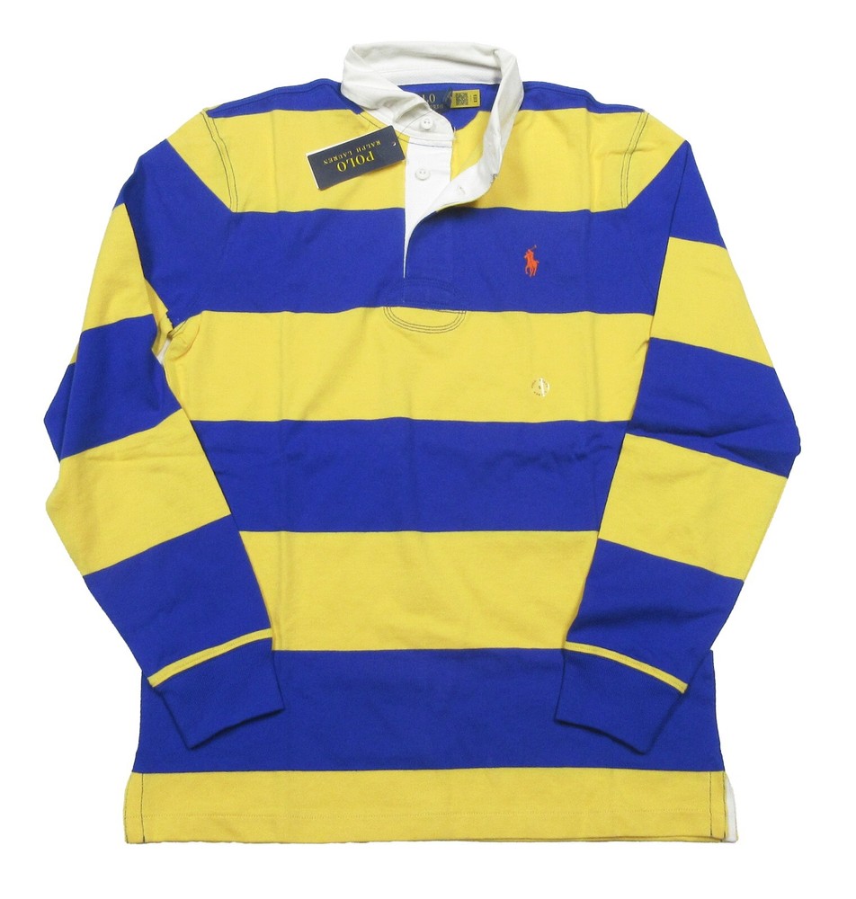 Polo Ralph Lauren Men's Yellow/Royal Blue Stripe Classic Fit Rugby Polo Shirt