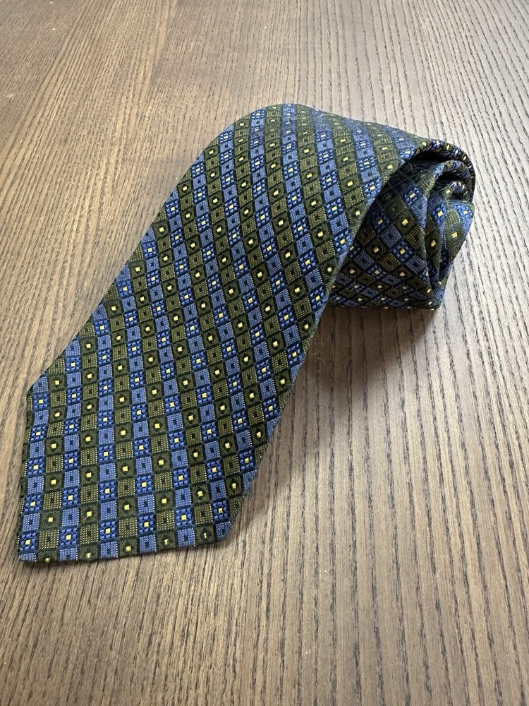 Lanvin Paris Men’s 100% Silk Tie Dark Blue/Red/Gold Geometric Pattern