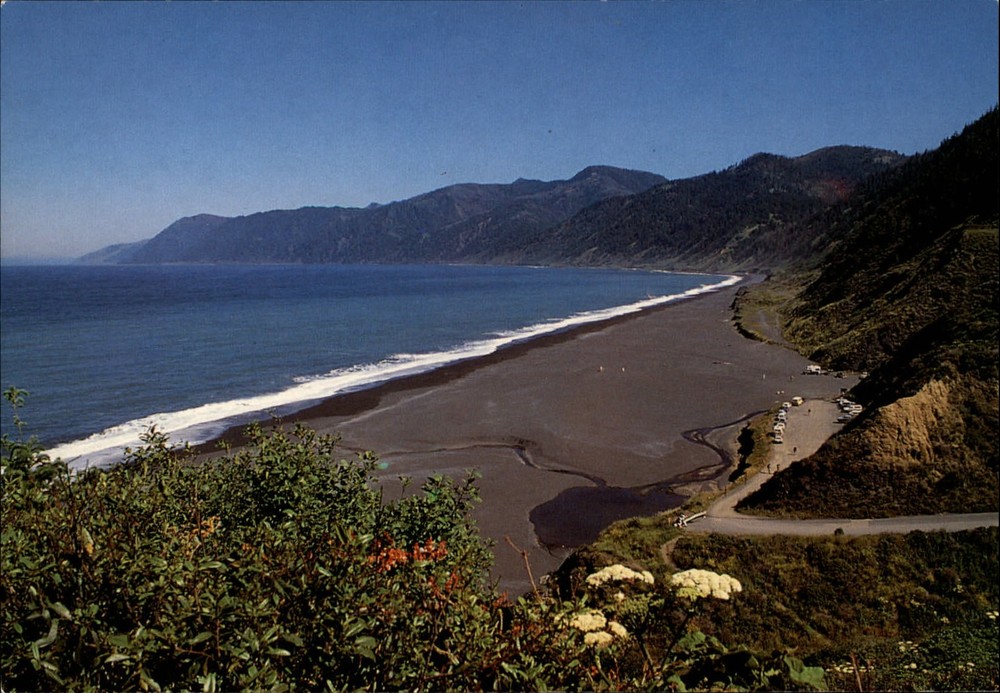 Black Sand Beach Northern Coast California aerial view ~ vintage postcard