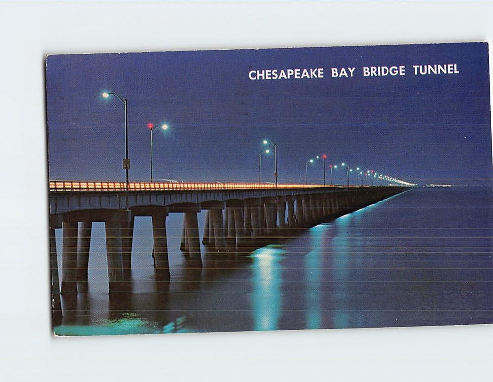 Postcard Chesapeake Bay Bridge-Tunnel Night View Virginia USA