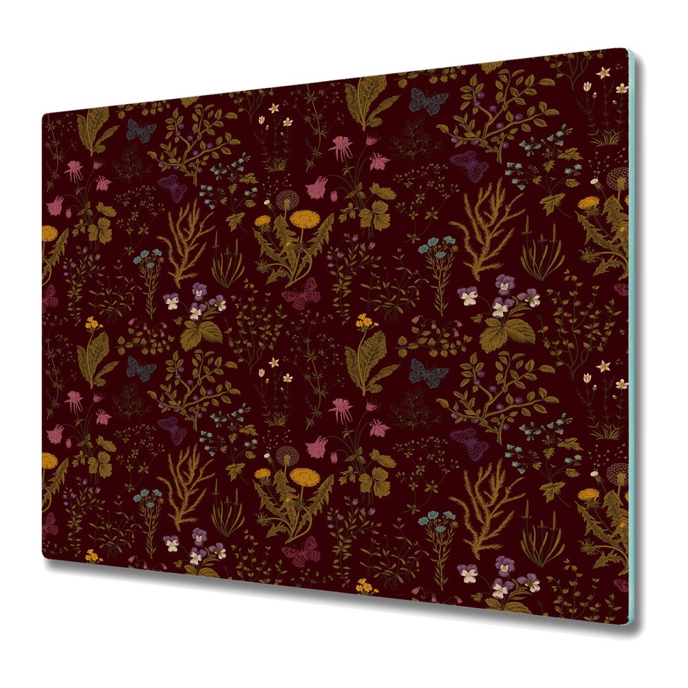 Glass Kitchen Chopping Board Dark field flowers brown and green 60x52