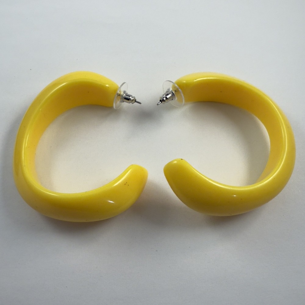 Vintage 80s 90s Large Chunky Yellow Plastic Half Hoop Pierced Earrings