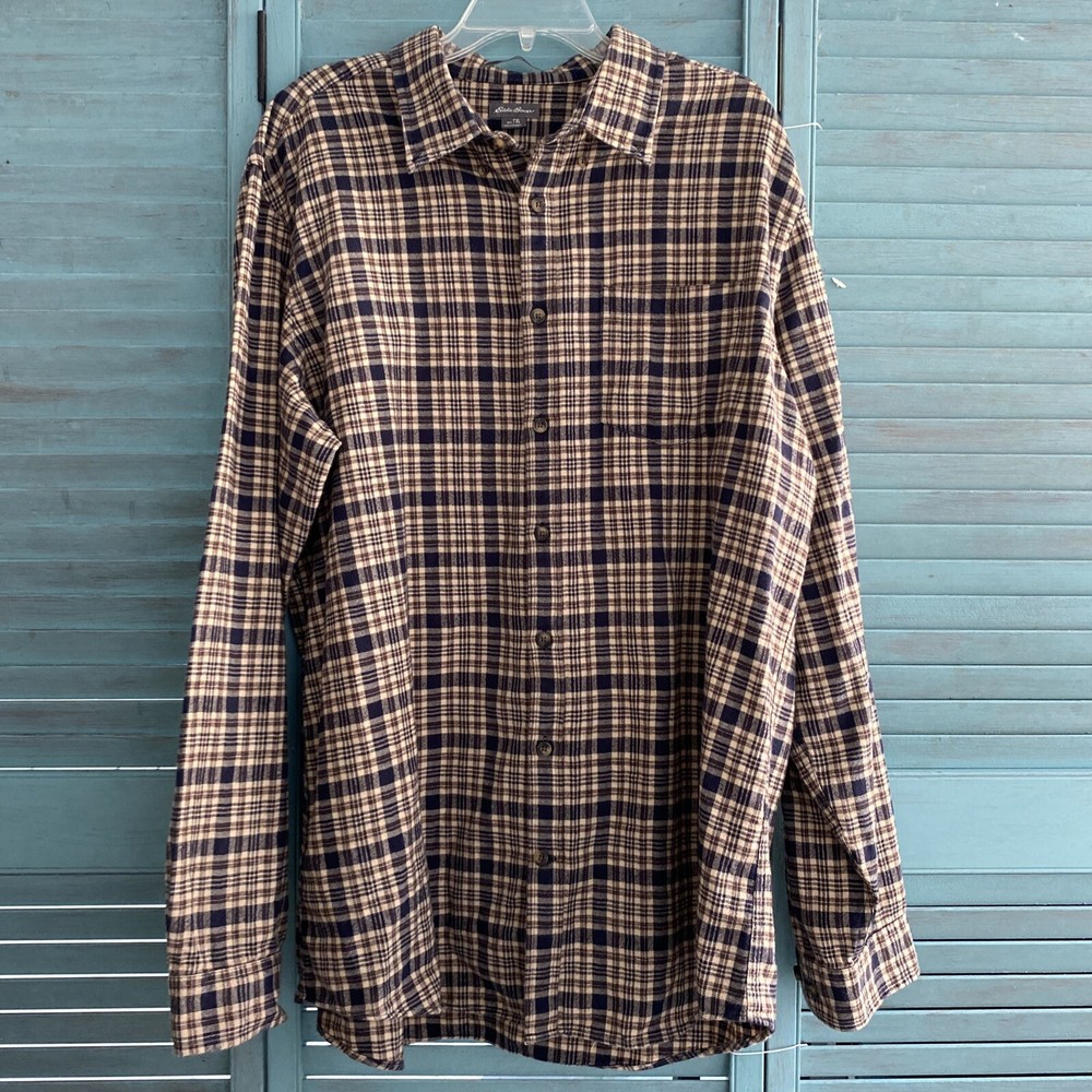 Eddie Bauer Button Up Shirt ~ Sz TXL  ~ Beige & Black ~ Long Sleeve