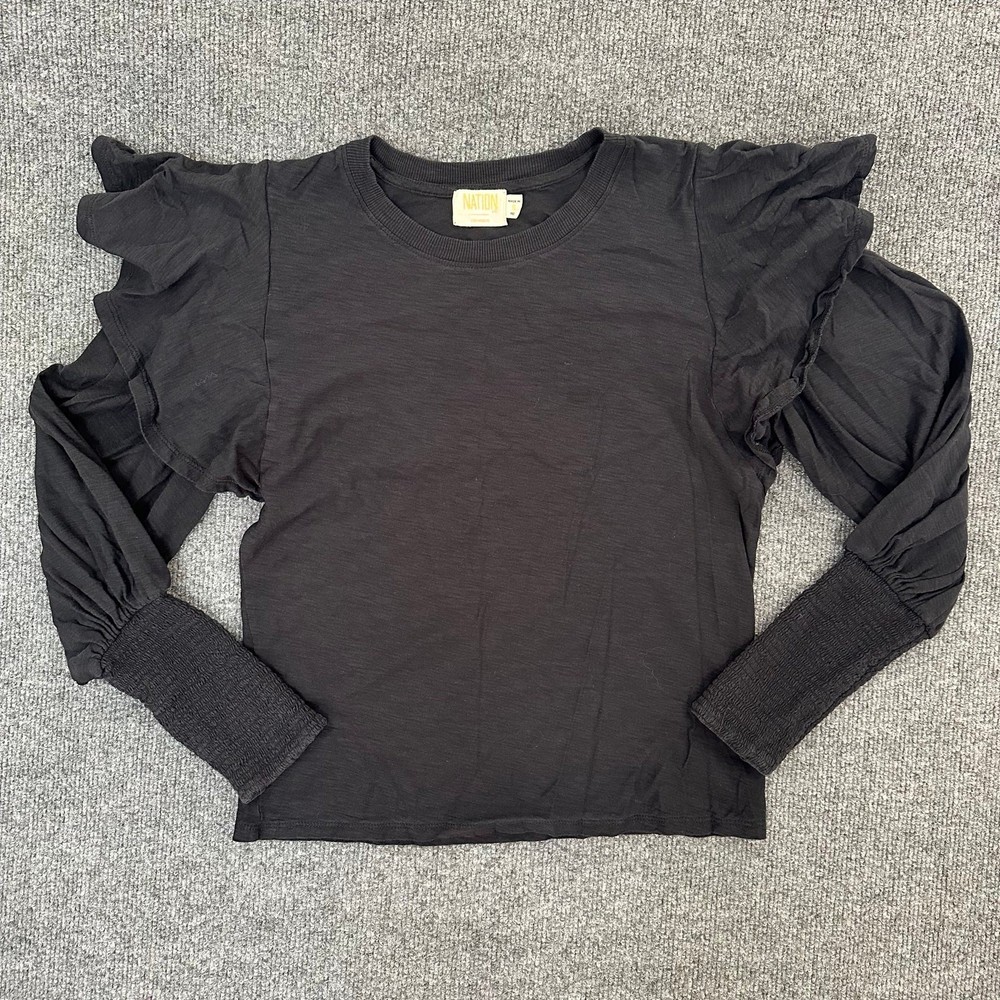 Nation LTD Women's Loren Ruffle Tee Balloon Sleeve Pima Cotton Blouse Black S