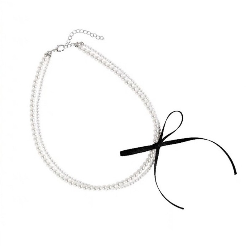 Elegant Simulated Pearl Bowknot Necklace Women Layered Beaded Bow Choker Jewelry