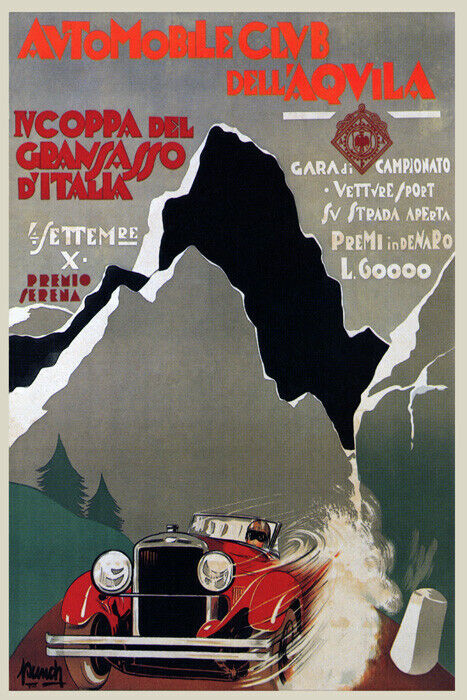 ITALY IV COPPA DEL GRAN SASSO MOUNTAIN CAR RACE AUTO RACING VINTAGE POSTER REPRO