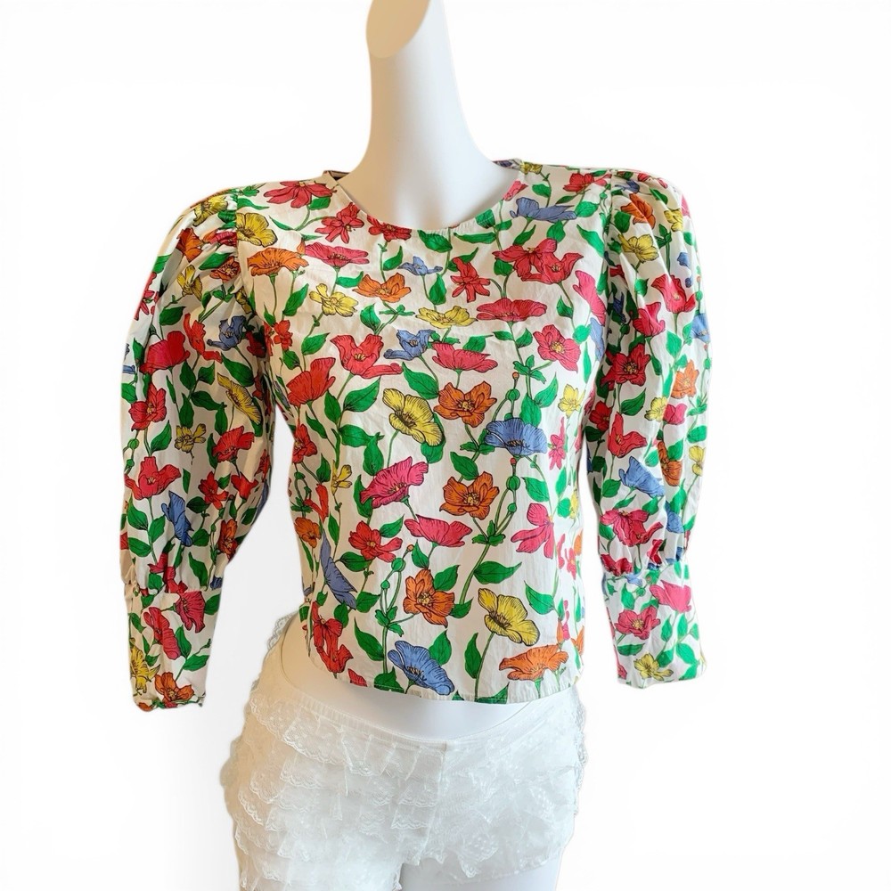 ZARA Floral Puff Sleeve Blouse XS Tie Back Open Back Cotton Cottagecore Top