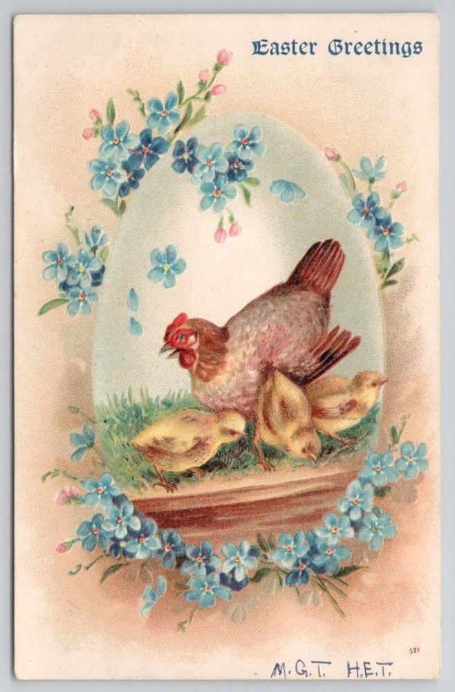 1907 Easter Greetings Postcard Hen Chicks Forget-Me-Nots Embossed UNUSED