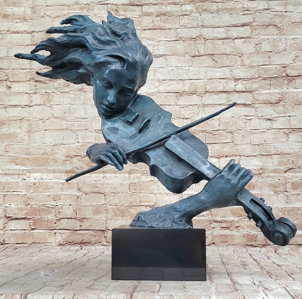 Handcrafted bronze violin sculpture with special deco patina on sale