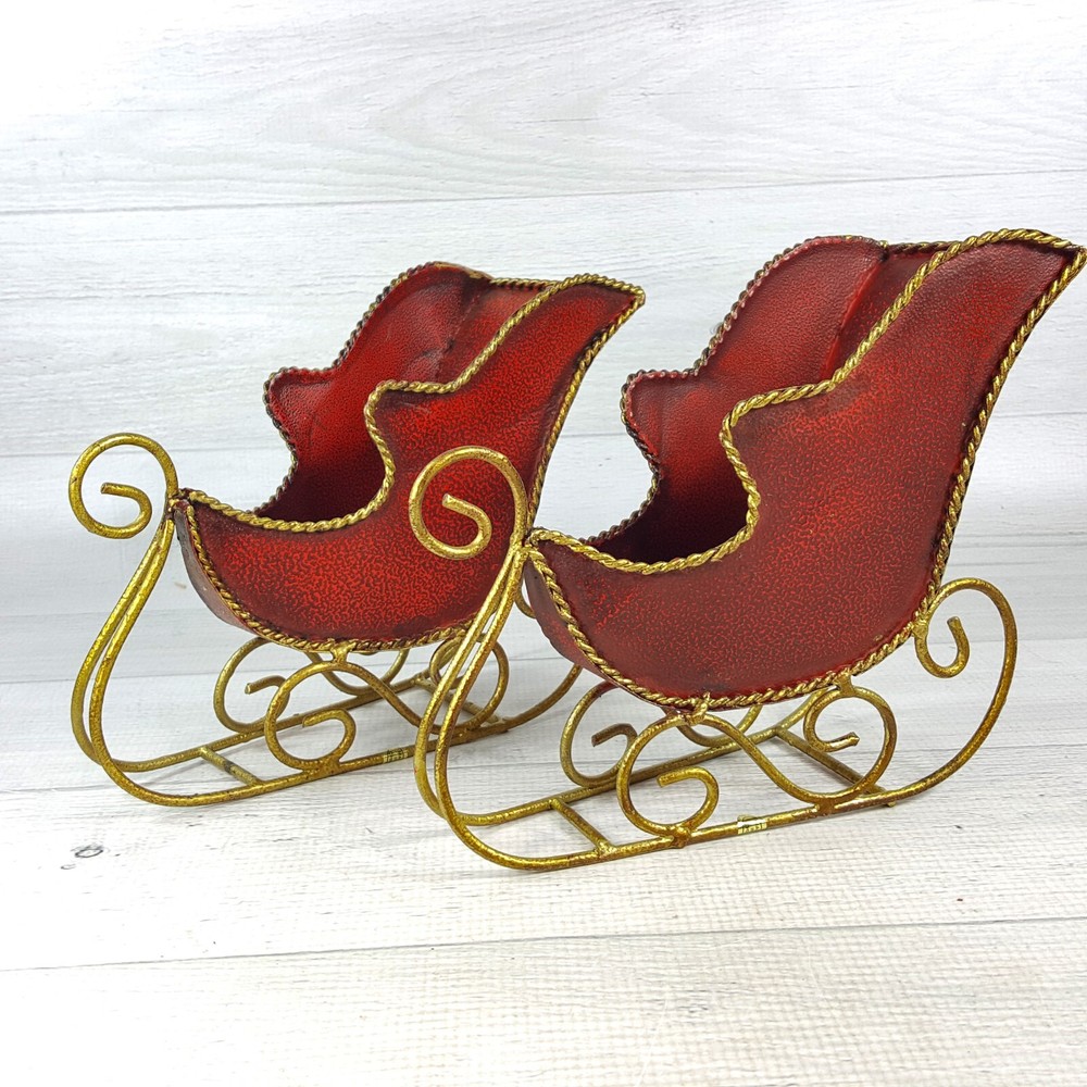 Red Textured Metal 7-Inch Sleigh Decor Set with Gold Accent & Rails-image