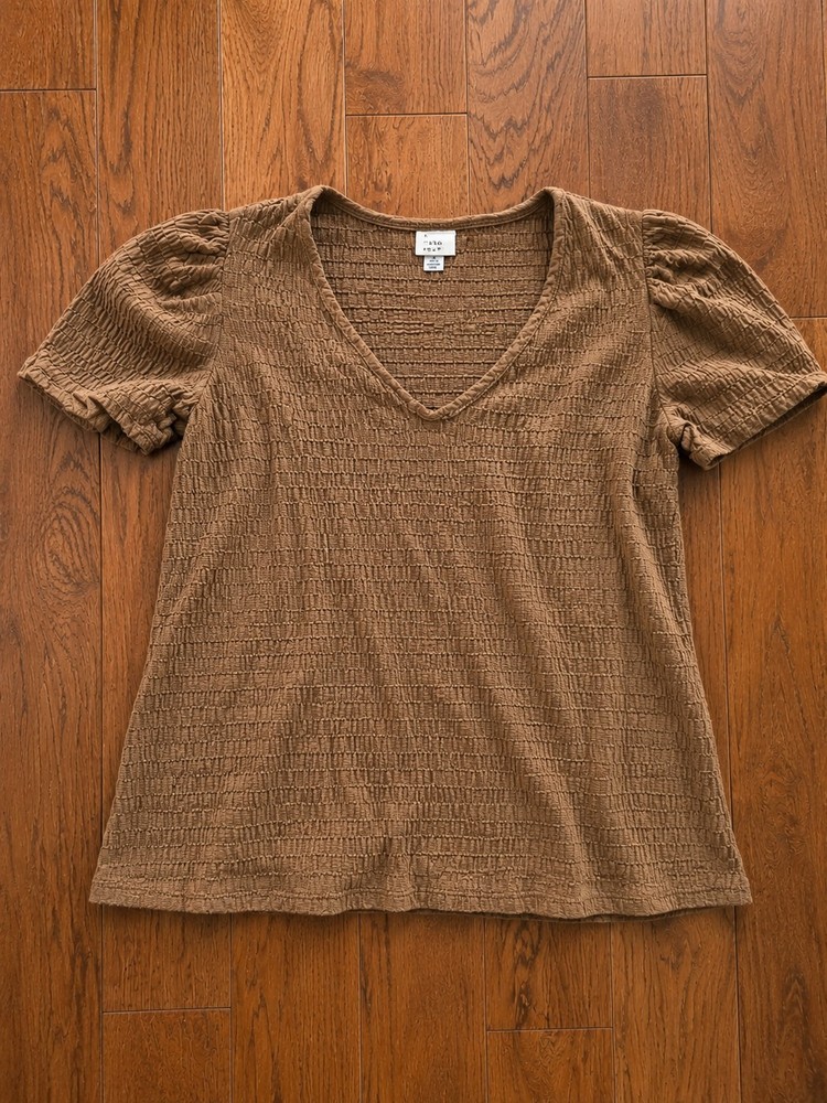A New Day Textured Puff Sleeve Blouse Womens XL Brown V Neck Top Casual